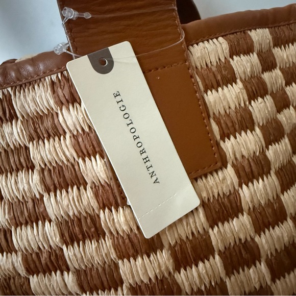 By Anthropologie Raffia Checkered Angular Tote Bag NWT - Picture 8 of 12